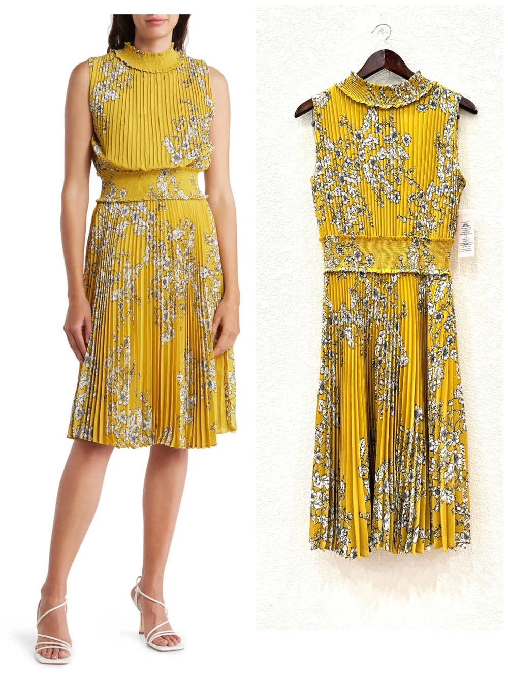 NWT Nanette Lepore Smocked Floral Pleated Chiffon Dress Size 8 Golden Cypress - Picture 5 of 12